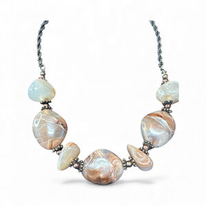 Handmade Real Stone Agate Statement Necklace 19” Gold Tone Chain